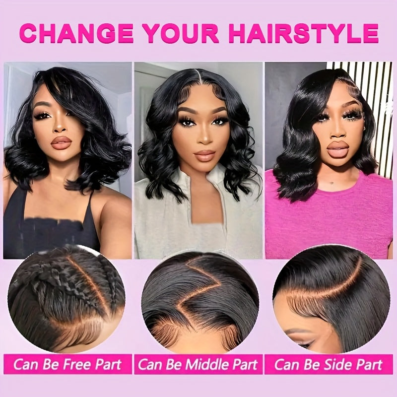 4x6 Lace Framing Short Wavy Bob Wig - Invisible Knots 3D Body Wave Human Hair Wig, 220 Density Shoulder Length Natural Look for Women, Elegant Style Fits All Ethnicities, Versatile Hairpiece, Sophisticated Hairpiece